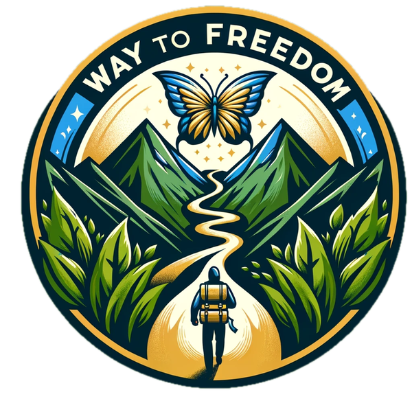 Logo de Way To Freedom, unepersonne qui chemine vers son ascension et se transforme en papillon